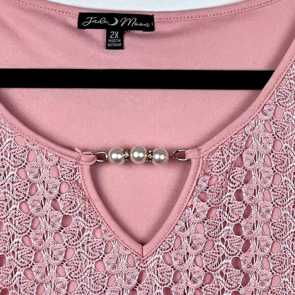 Pretty Pink Top Tank w/ Attached Lace Overlay Size 2X Pearl Feature by Jade Moon - Picture 5 of 12